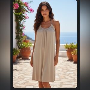 Boston Proper Beige Chain-Link Halter Open Back Dress - M